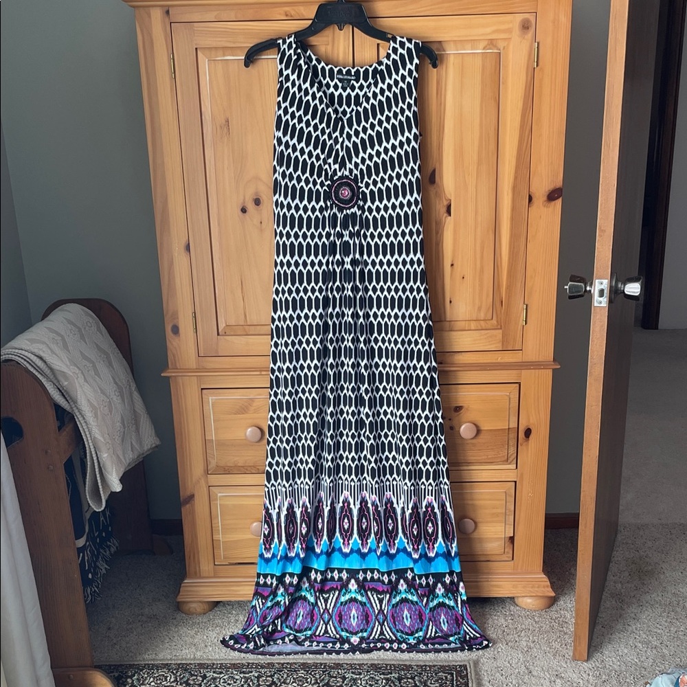 Nina Leonard Black and White Maxi Dress with Blue and Purple Accents